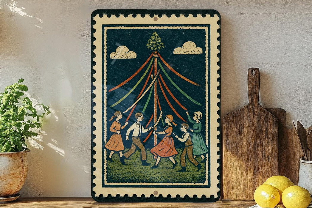 a framed illustration of a group of people dancing around a pole with colorful ribbons, set against a dark background with clouds.