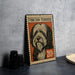 A metal sign featuring a Tibetan Terrier dog, with a price of 20 cents, is displayed on a table.