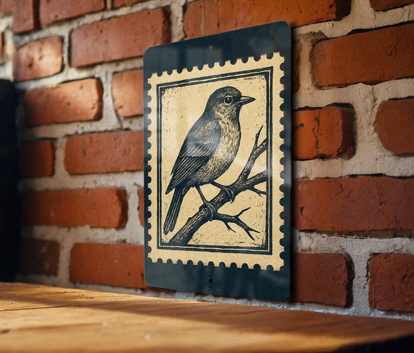 A framed illustration of a bird is hanging on a brick wall.