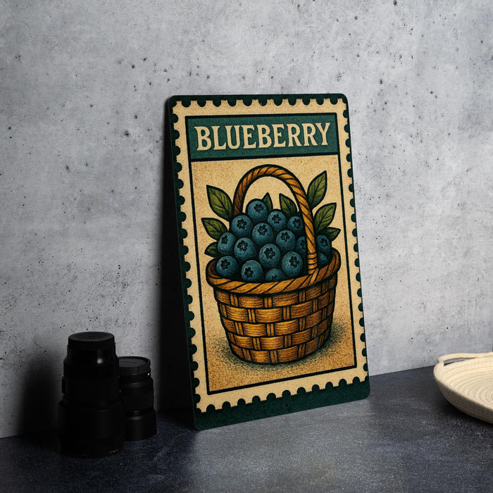 A framed illustration of a basket filled with blueberries is displayed on a countertop, accompanied by a stack of black camera lenses and a white dish.