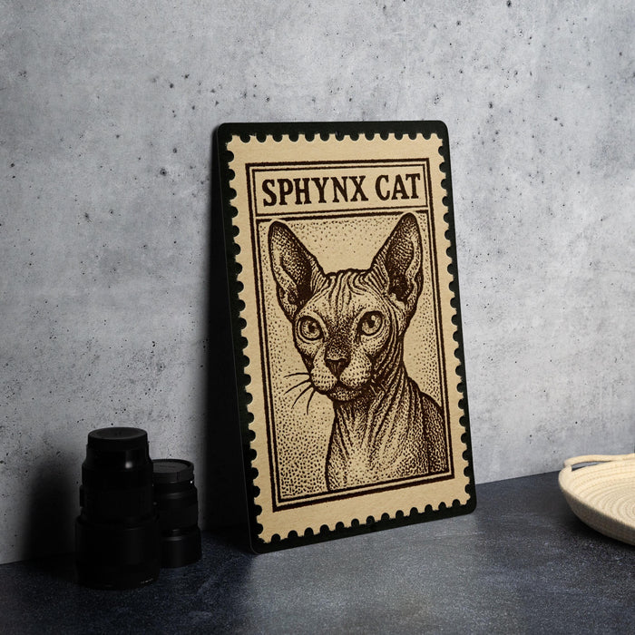 A framed image of a Sphynx cat, a type of hairless cat, is displayed on a table.
