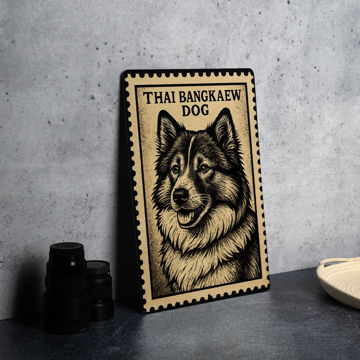 A framed illustration of a Thai bangka dog, a breed of dog native to Thailand, is displayed on a wall.