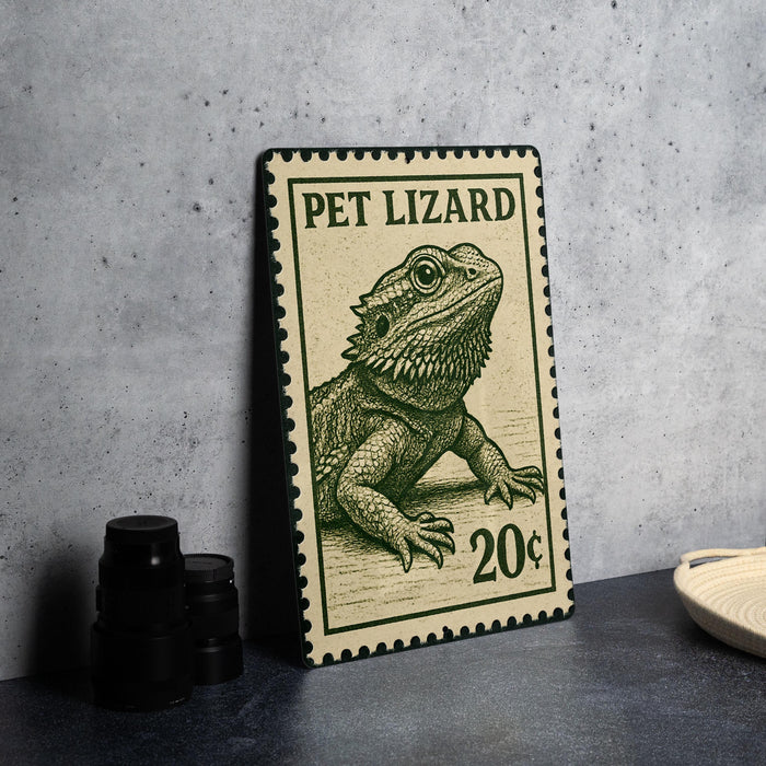 A metal stamp featuring a detailed illustration of a pet lizard, with the text "PET LIZARD" and the denomination "20¢".
