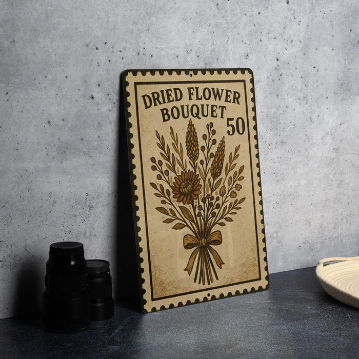A metal sign with a dried flower bouquet design and the text "Dried Flower Bouquet 50" is displayed on a table.