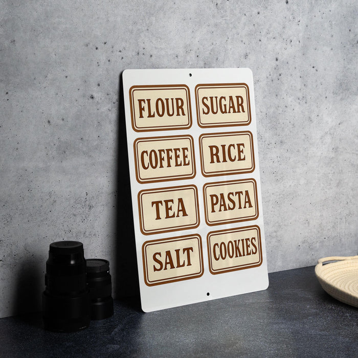 A white metal sign with brown text labels is placed on a gray countertop, with stacks of black containers and a woven basket visible in the background.
