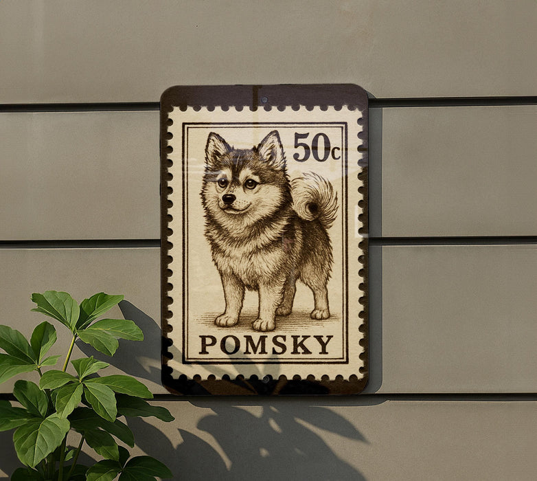 A postage stamp featuring a pomeranian dog, with the text "50c" and "POMSKY" printed on it.