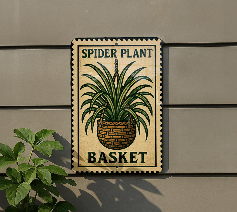 A sign for a spider plant with a basket, mounted on a wall next to a plant.