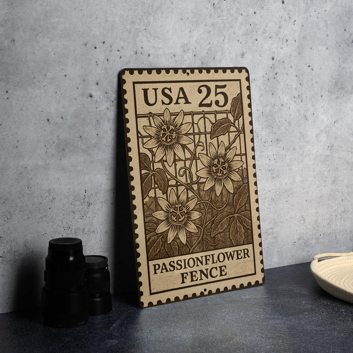 A wooden sign with a floral design and text, placed on a table next to some black camera lenses.