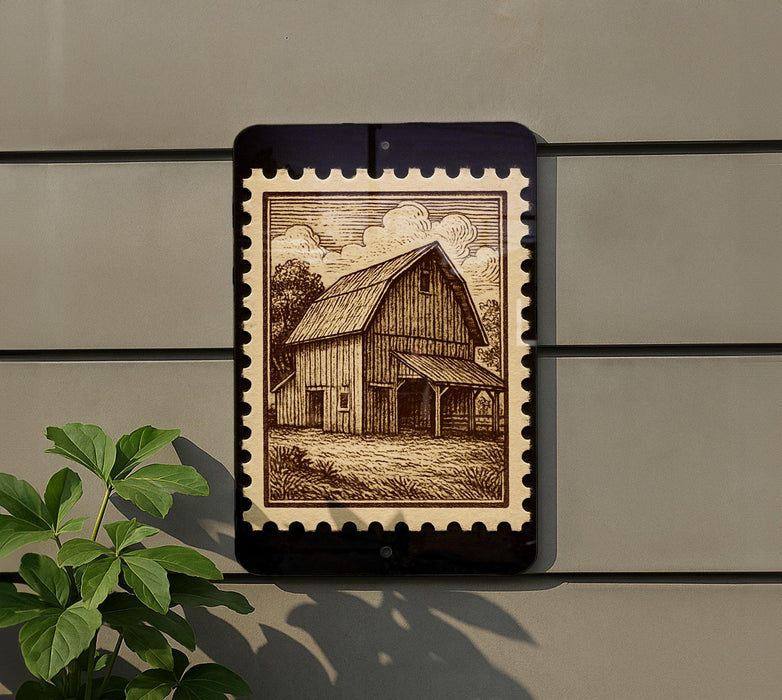 a wooden barn with a porch, depicted in a stamp-like design on a wall.