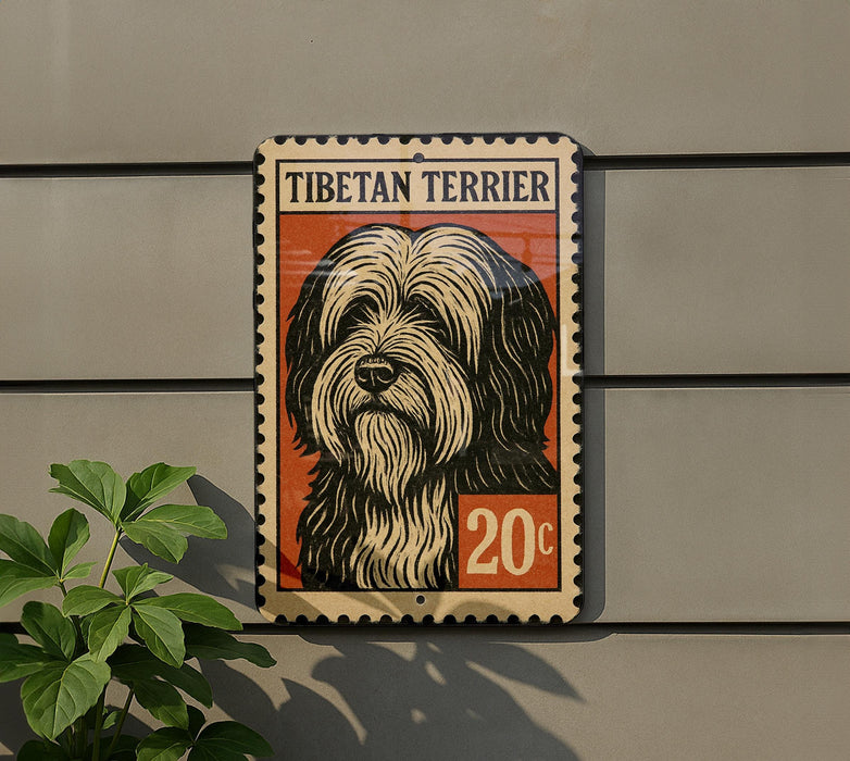 A postage stamp featuring a Tibetan Terrier dog, with the text "TIBETAN TERRIER" and the price "20c" printed on it.