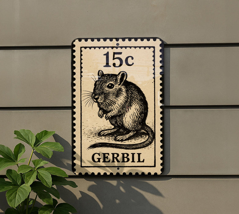 A postage stamp featuring a mouse on a building, with the text "15c" and "GERBIL" printed on it.