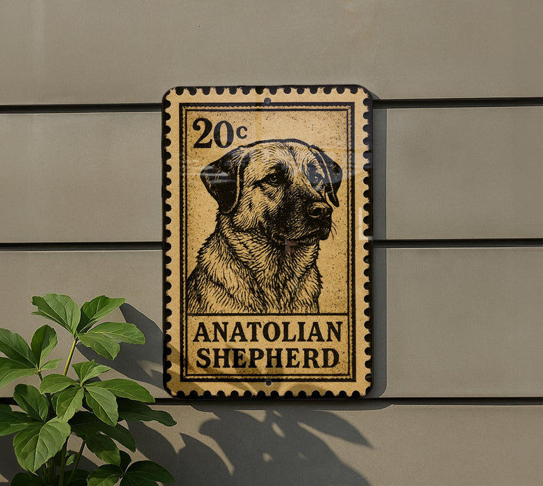 a sign with a dog illustration and the text "Anatolian Shepherd" on it.
