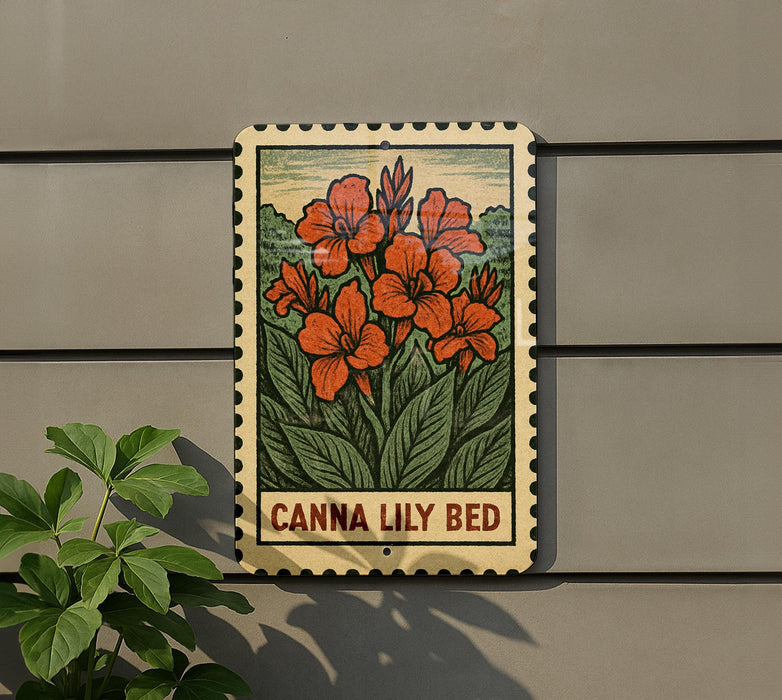 a metal sign with a floral design, mounted on a wall next to a plant.