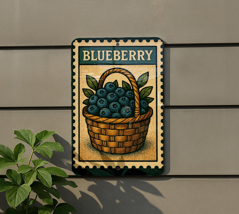 A sign with a picture of a basket filled with blueberries is mounted on a wall.