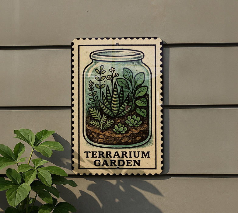 A sign for a terrarium garden, featuring a glass jar filled with various plants and soil.