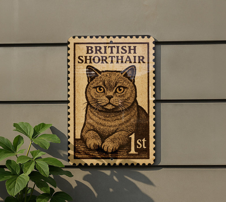 A British Shorthair cat is depicted on a postage stamp-like sign, mounted on a wall.
