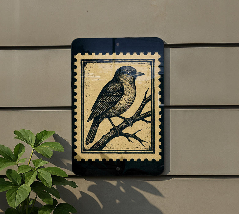 a black and white bird perched on a branch, depicted on a sign mounted on a wall.