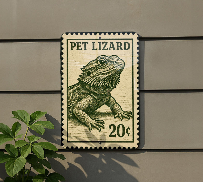 A metal sign with a drawing of a pet lizard, mounted on a wall.