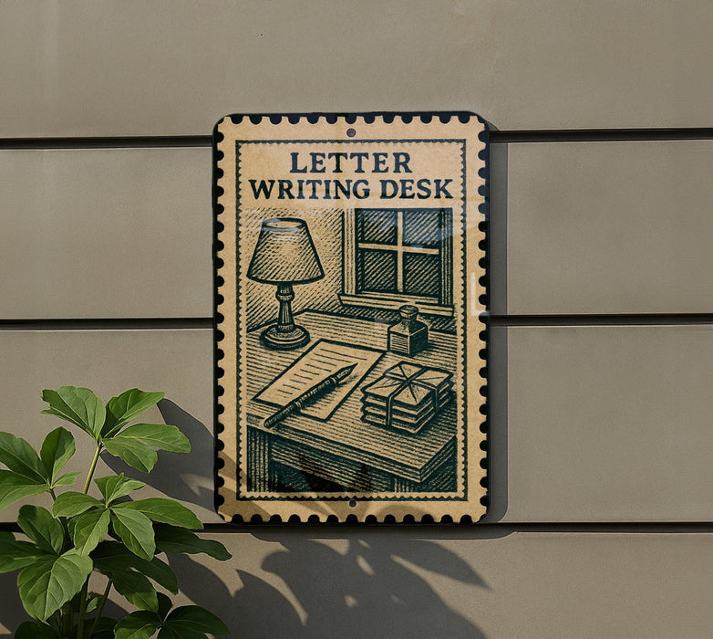 a sign that reads "LETTER WRITING DESK" with an illustration of a desk and various writing supplies.