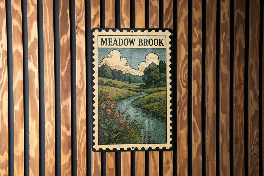 A framed illustration of a river with flowers and trees, mounted on a wooden wall.
