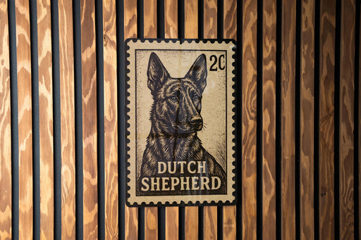 A postage stamp featuring a dog, specifically a German Shepherd, is displayed on a wooden wall.