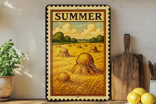 a rustic scene of a field with hay bales, a wooden board, and a potted plant, all set against a white wall.
