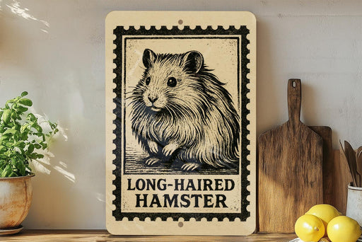 A wooden shelf displaying a framed image of a long-haired hamster, a potted plant, a wooden cutting board, and some lemons.