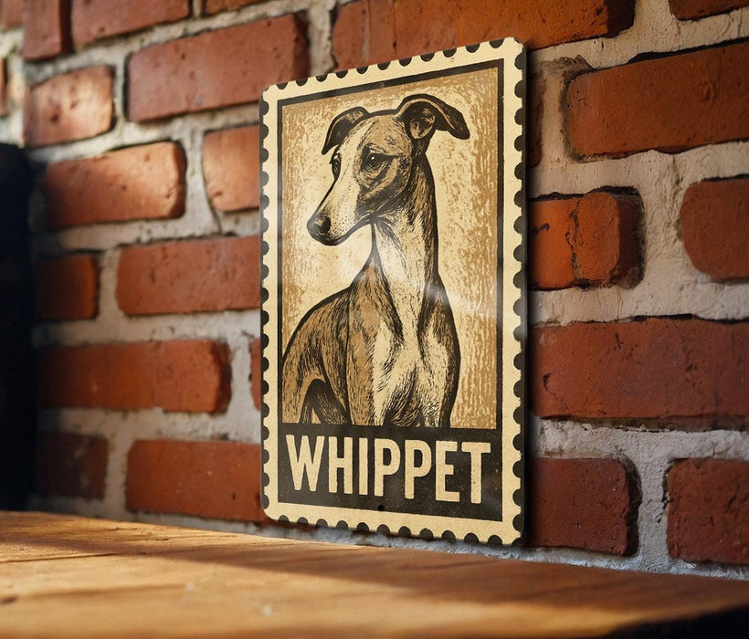 A wooden table with a framed illustration of a dog, specifically a whippet, on a brick wall.