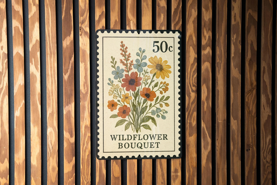 A 50 cent postage stamp featuring a colorful wildflower bouquet.