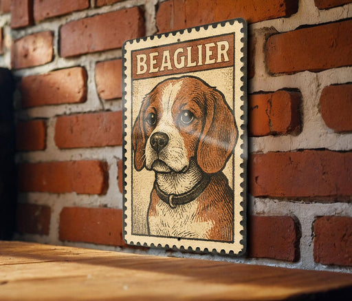 A framed illustration of a beagle dog is displayed on a brick wall.