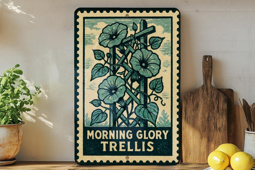 A vintage-style metal sign with a floral design, placed on a wooden shelf next to a potted plant and kitchen utensils.