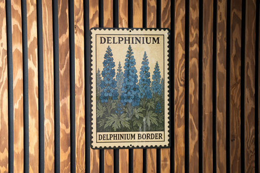 A metal sign with a floral illustration and the text "DELPHINIUM BORDER" is displayed on a wooden wall.