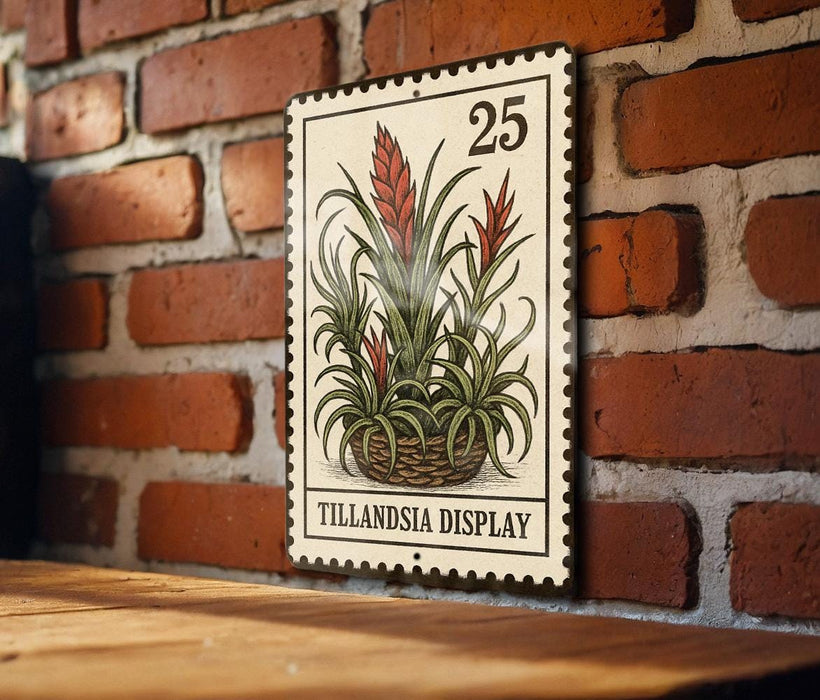 A vintage-style metal stamp with a plant illustration is displayed on a brick wall.