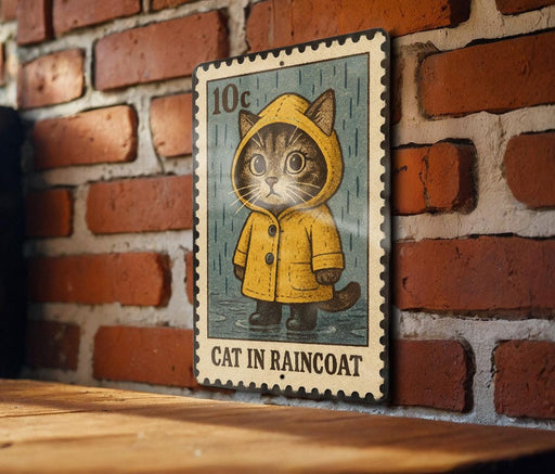 A metal sign featuring a cartoon cat wearing a yellow raincoat, standing on a brick wall.