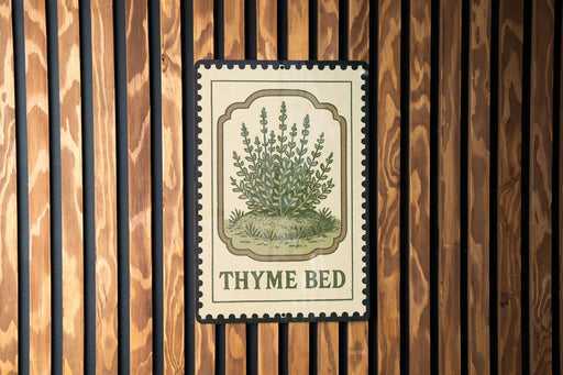 A vintage-style metal sign with a thyme plant illustration is mounted on a wooden wall.