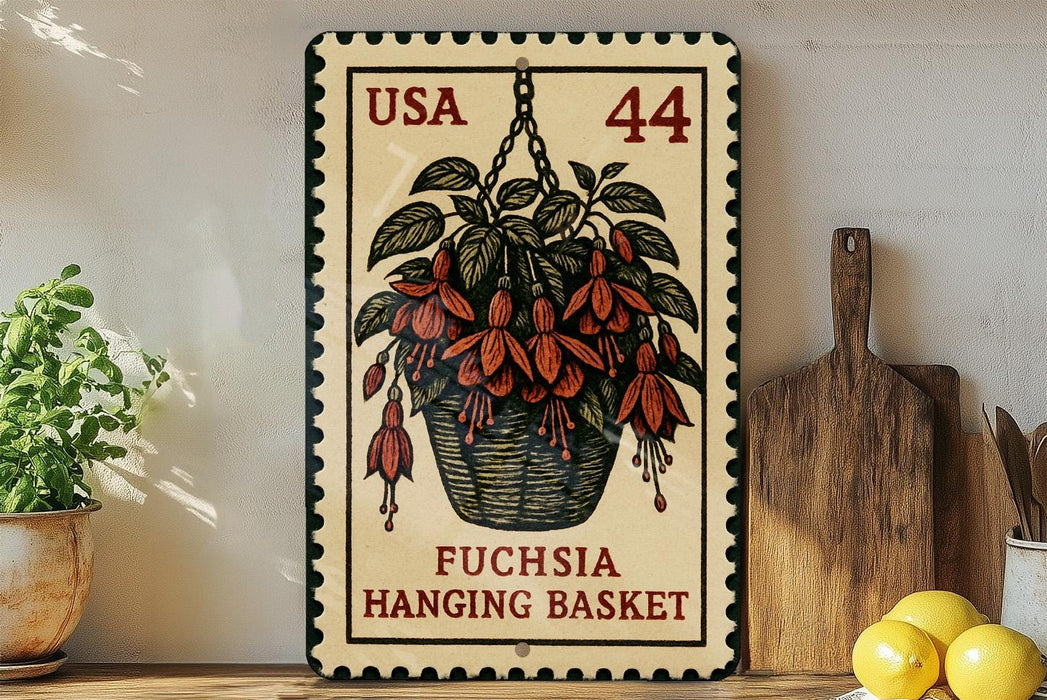 A framed stamp depicting a hanging basket of fuchsia flowers, with the text "USA 44 FUCHSIA HANGING BASKET" printed on it. The stamp is placed on a shelf next to a wooden cutting board and a potted plant.