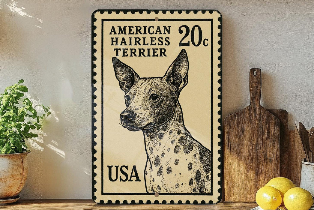 A framed American Hairless Terrier dog stamp is displayed on a shelf, with a wooden cutting board and lemons nearby.
