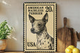 A framed American Hairless Terrier dog stamp is displayed on a shelf, with a wooden cutting board and lemons nearby.