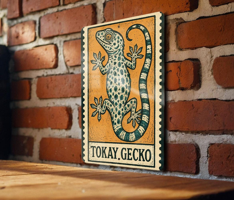 A wooden table with a metal sign featuring a gecko illustration on it, mounted on a brick wall.