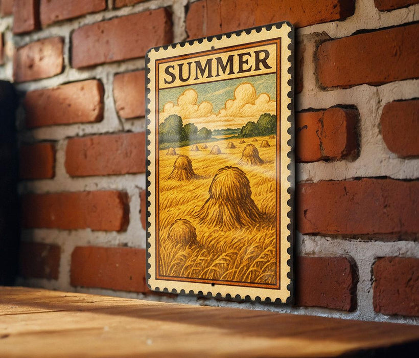 A wooden table with a rustic brick wall in the background, featuring a framed illustration of a field with hay bales.
