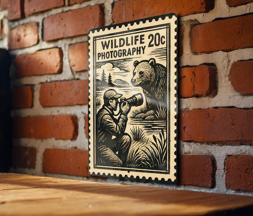 A metal sign with a black and white illustration of a person photographing a bear, mounted on a brick wall.