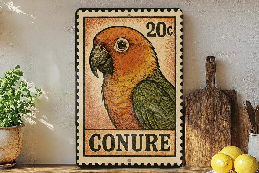 A colorful postage stamp featuring a parrot is displayed on a shelf next to a wooden cutting board and some lemons.