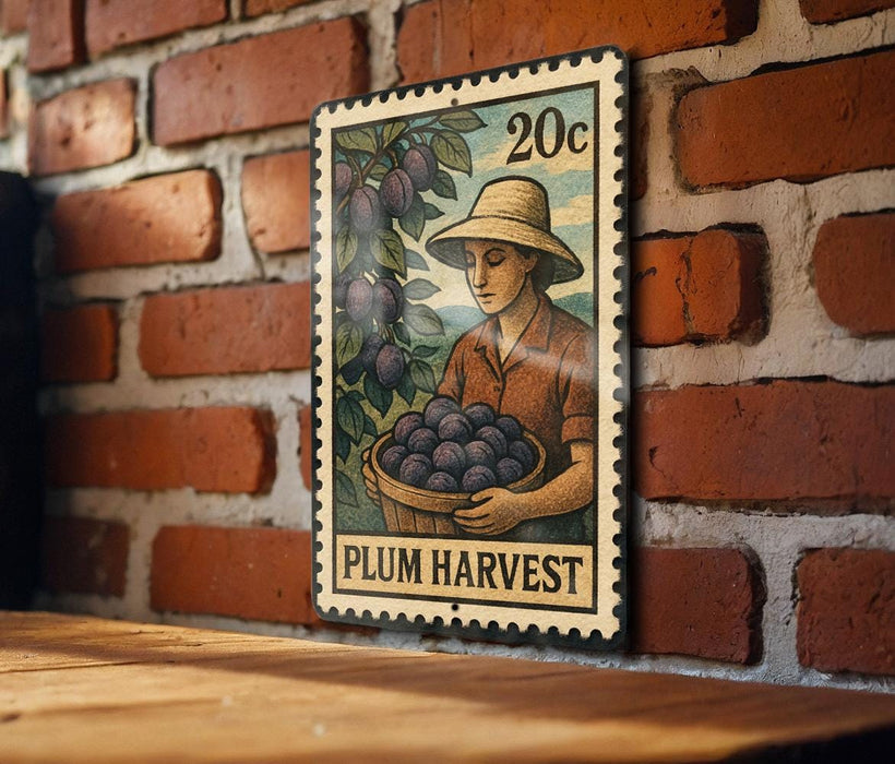 A metal stamp depicting a woman holding a basket of plums, with the text "PLUM HARVEST" printed on it. The stamp is mounted on a brick wall.