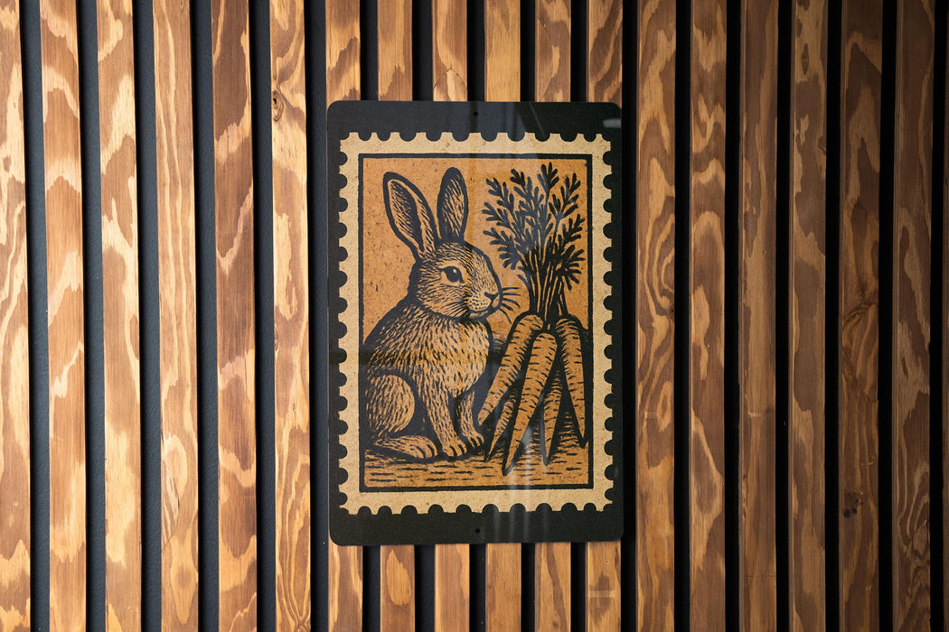 A wooden wall with a framed image of a rabbit and carrots, which appears to be a decorative piece.
