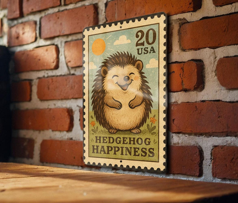 A vintage-style postage stamp featuring a smiling hedgehog, mounted on a brick wall.