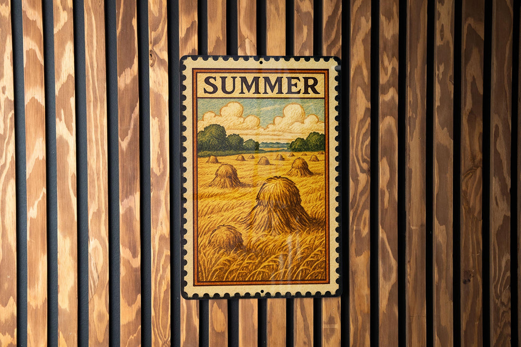 A framed illustration of a field with hay bales is displayed on a wooden wall.