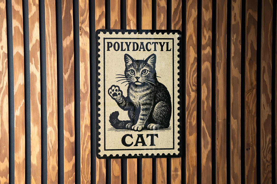 A metal sign with a cat illustration and the text "POLYDACTYL CAT" is displayed on a wooden wall.