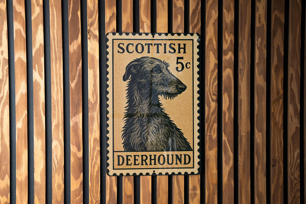 A metal sign featuring a close-up of a Scottish 5c postage stamp with a depiction of a greyhound dog.