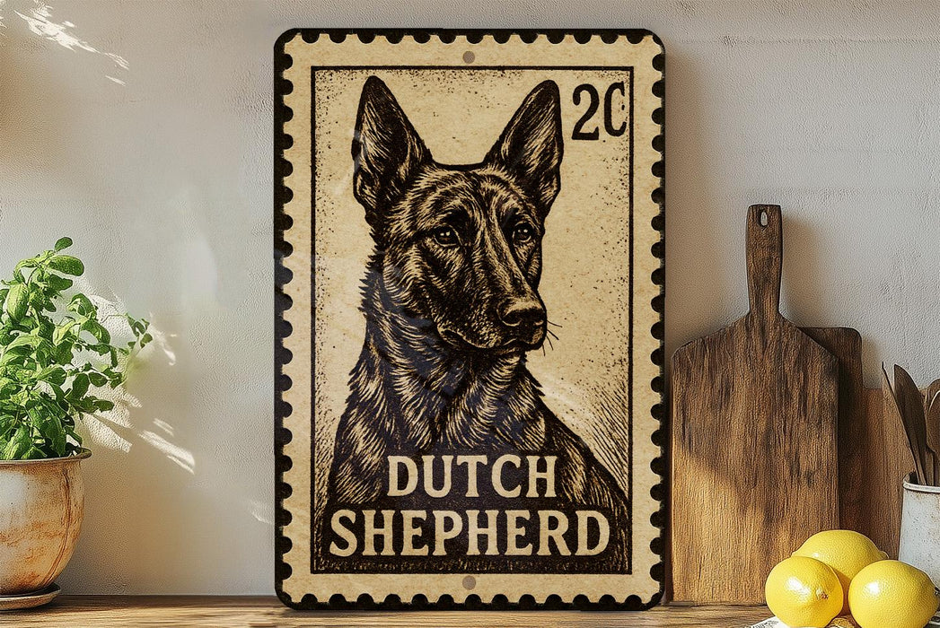 A metal sign featuring a black and white illustration of a Dutch Shepherd dog, with the text "DUTCH SHEPHERD" printed on it. The sign is placed on a shelf next to a wooden cutting board and a potted plant.