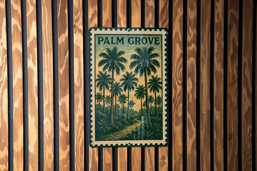 A framed image of palm trees is displayed on a wooden wall.